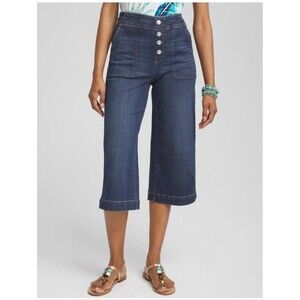 Chico's Pull-On Wide-Leg Capri Jeans Dark Wash Button Fly Pocket Denim Sz 0 US 4